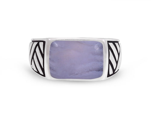 Blue Lace Agate Stone Signet Ring in Black Rhodium Plated Sterling