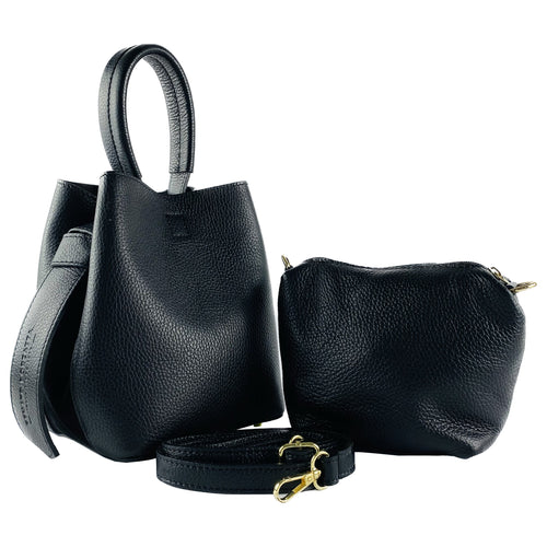 Genuine Leather Bucket Bag With Clutch